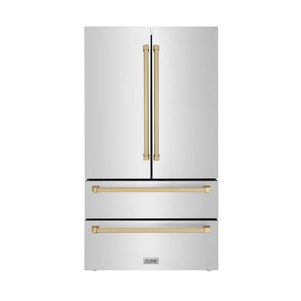 ZLINE 36  Autograph Edition 22.5 cu. ft Freestanding French Door Refrigerator with Ice Maker in Fingerprint Resistant Stainless Steel with Accents (RFMZ-36) [Color: Gold Accents] Online Hot Sale