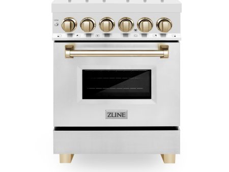 ZLINE Autograph Edition 24 in. 2.8 cu. ft. Dual Fuel Range with Gas Stove and Electric Oven in Stainless Steel with Accents (RAZ-24) [Color: Gold Accents] Cheap