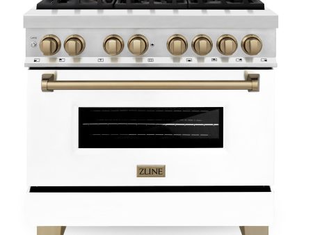 ZLINE Autograph Edition 36  4.6 cu. ft. Dual Fuel Range with Gas Stove and Electric Oven in Stainless Steel with White Matte Door and Accents (RAZ-WM-36) [Color: Champagne Bronze] For Sale