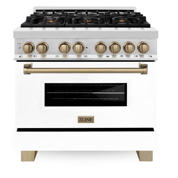 ZLINE Autograph Edition 36  4.6 cu. ft. Dual Fuel Range with Gas Stove and Electric Oven in Stainless Steel with White Matte Door and Accents (RAZ-WM-36) [Color: Champagne Bronze] For Sale