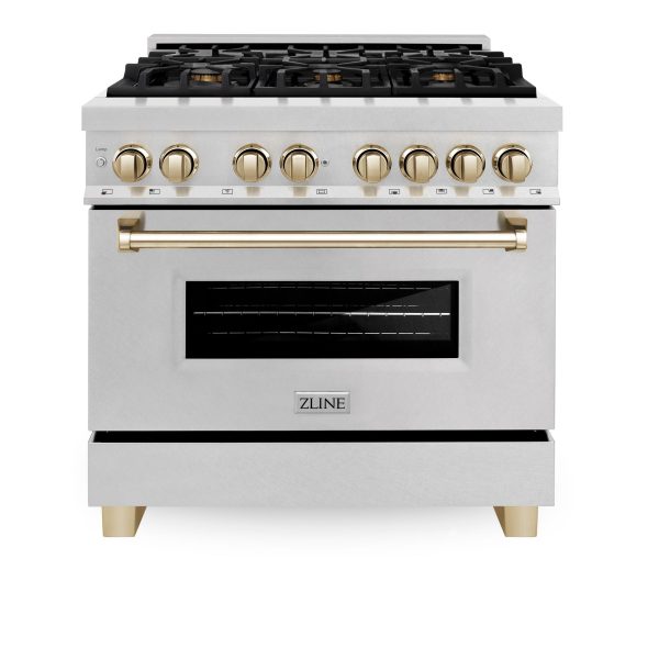 ZLINE Autograph Edition 36 in. 4.6 cu. ft. Dual Fuel Range with Gas Stove and Electric Oven in DuraSnow Stainless Steel with Accents (RASZ-SN-36) [Color: Gold] Online Sale