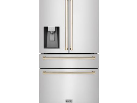 ZLINE 36  Autograph Edition 21.6 cu. ft Freestanding French Door Refrigerator with Water and Ice Dispenser in Fingerprint Resistant Stainless Steel with Accents (RFMZ-W-36) [Color: Gold Accents] on Sale