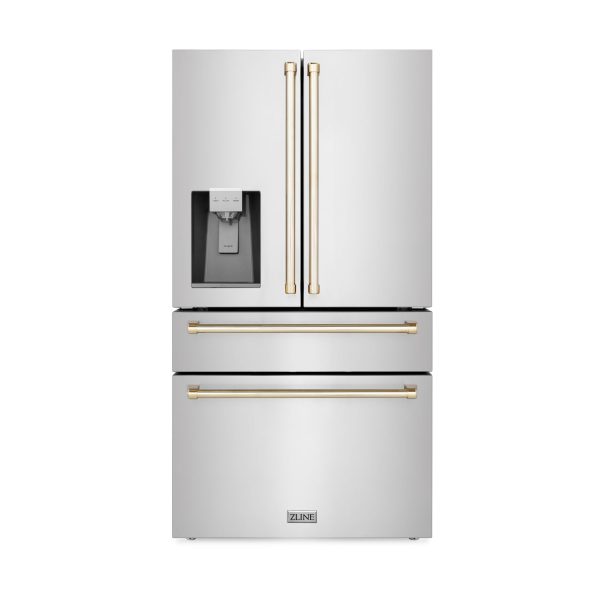 ZLINE 36  Autograph Edition 21.6 cu. ft Freestanding French Door Refrigerator with Water and Ice Dispenser in Fingerprint Resistant Stainless Steel with Accents (RFMZ-W-36) [Color: Gold Accents] on Sale