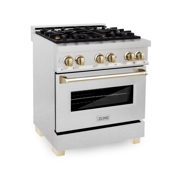 ZLINE Autograph Edition 30  4.0 cu. ft. Dual Fuel Range with Gas Stove and Electric Oven in DuraSnow Stainless Steel with Accents (RASZ-SN-30) [Color: Gold] For Discount