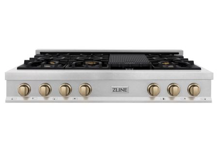 ZLINE Autograph Edition 48  Porcelain Rangetop with 7 Gas Burners in Fingerprint Resistant Stainless Steel and Champagne Bronze Accents (RTSZ-48-CB) For Discount