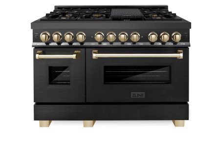 ZLINE Autograph Edition 48  6.0 cu. ft. Dual Fuel Range with Gas Stove and Electric Oven in Black Stainless Steel with Accents (RABZ-48) [Color: Gold] Online Sale