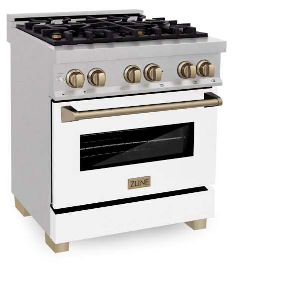 ZLINE Autograph Edition 30  4.0 cu. ft. Dual Fuel Range with Gas Stove and Electric Oven in DuraSnow Stainless Steel with White Matte Door and Accents (RASZ-WM-30) [Color: Champagne] on Sale