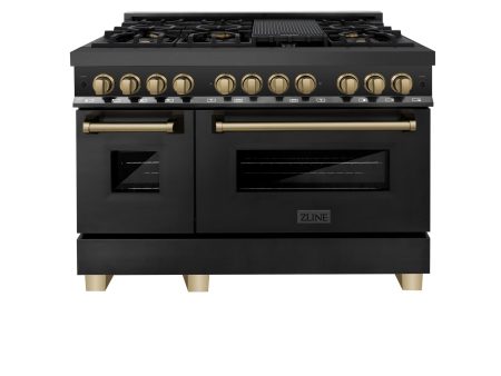 ZLINE Autograph Edition 48  6.0 cu. ft. Dual Fuel Range with Gas Stove and Electric Oven in Black Stainless Steel with Accents (RABZ-48) [Color: Champagne Bronze] Hot on Sale