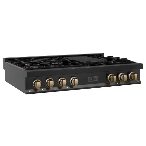 ZLINE Autograph Edition 48 in. Porcelain Rangetop with 7 Gas Burners in Black Stainless Steel and Champagne Bronze Accents (RTBZ-48-CB) [Color: Champagne Bronze] Sale