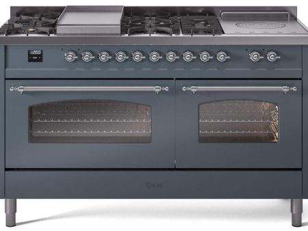 Nostalgie II 60 Inch Dual Fuel Liquid Propane Freestanding Range in Blue Grey with Chrome Trim For Sale