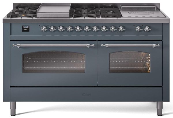 Nostalgie II 60 Inch Dual Fuel Liquid Propane Freestanding Range in Blue Grey with Chrome Trim For Sale