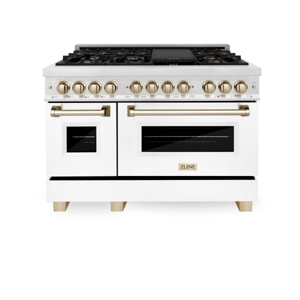 ZLINE Autograph Edition 48  6.0 cu. ft. Dual Fuel Range with Gas Stove and Electric Oven in DuraSnow Stainless Steel with White Matte Door with Accents (RASZ-WM-48) [Color: Gold] For Discount