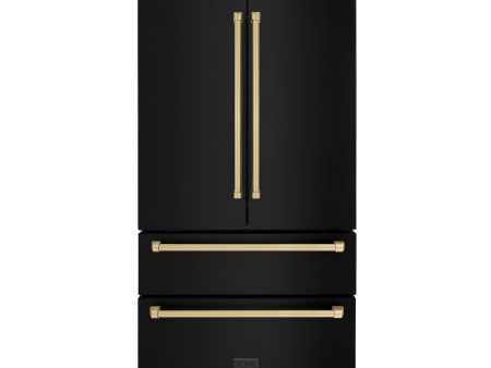 ZLINE 36  Autograph Edition 22.5 cu. ft Freestanding French Door Refrigerator with Ice Maker in Fingerprint Resistant Black Stainless Steel with Accents (RFMZ-36-BS) [Color: Champagne Bronze Accents] For Sale