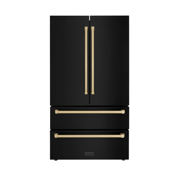 ZLINE 36  Autograph Edition 22.5 cu. ft Freestanding French Door Refrigerator with Ice Maker in Fingerprint Resistant Black Stainless Steel with Accents (RFMZ-36-BS) [Color: Champagne Bronze Accents] For Sale