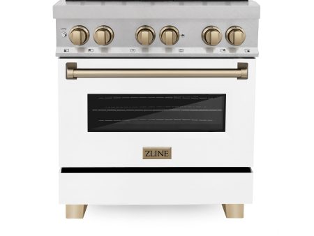 ZLINE Autograph Edition 30  4.0 cu. ft. Dual Fuel Range with Gas Stove and Electric Oven in DuraSnow Stainless Steel with White Matte Door and Accents (RASZ-WM-30) [Color: Champagne] on Sale