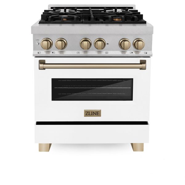 ZLINE Autograph Edition 30  4.0 cu. ft. Dual Fuel Range with Gas Stove and Electric Oven in DuraSnow Stainless Steel with White Matte Door and Accents (RASZ-WM-30) [Color: Champagne] on Sale