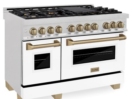 ZLINE Autograph Edition 48  6.0 cu. ft. Dual Fuel Range with Gas Stove and Electric Oven in DuraSnow Stainless Steel with White Matte Door with Accents (RASZ-WM-48) [Color: Champagne Bronze] on Sale