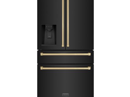 ZLINE 36  Autograph Edition 21.6 cu. ft Freestanding French Door Refrigerator with Water and Ice Dispenser in Fingerprint Resistant Black Stainless Steel with Accents (RFMZ-W-36-BS) [Color: Champagne Bronze Accents] Discount