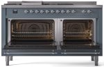 Nostalgie II 60 Inch Dual Fuel Liquid Propane Freestanding Range in Blue Grey with Chrome Trim For Sale