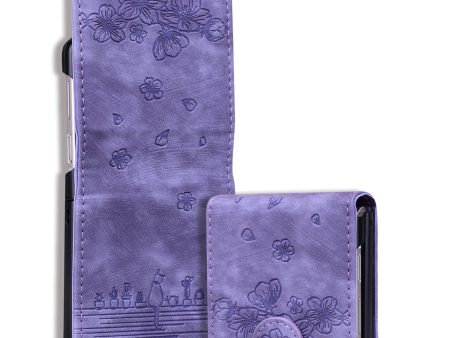 For Samsung Galaxy Z Flip4 5G PU Leather Card Holder Phone Case Imprinted Cat Flower Anti-drop Cover Online